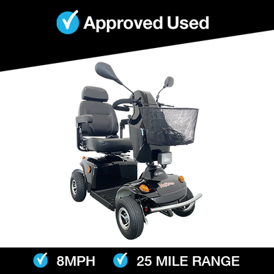Refurbished Freerider Mayfair Black mobility scooter with basket, comfortable seat, mirrors, and 25-mile range.