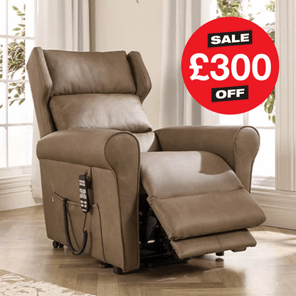 Brown recliner chair with a sale sign indicating £300 off in a home setting.