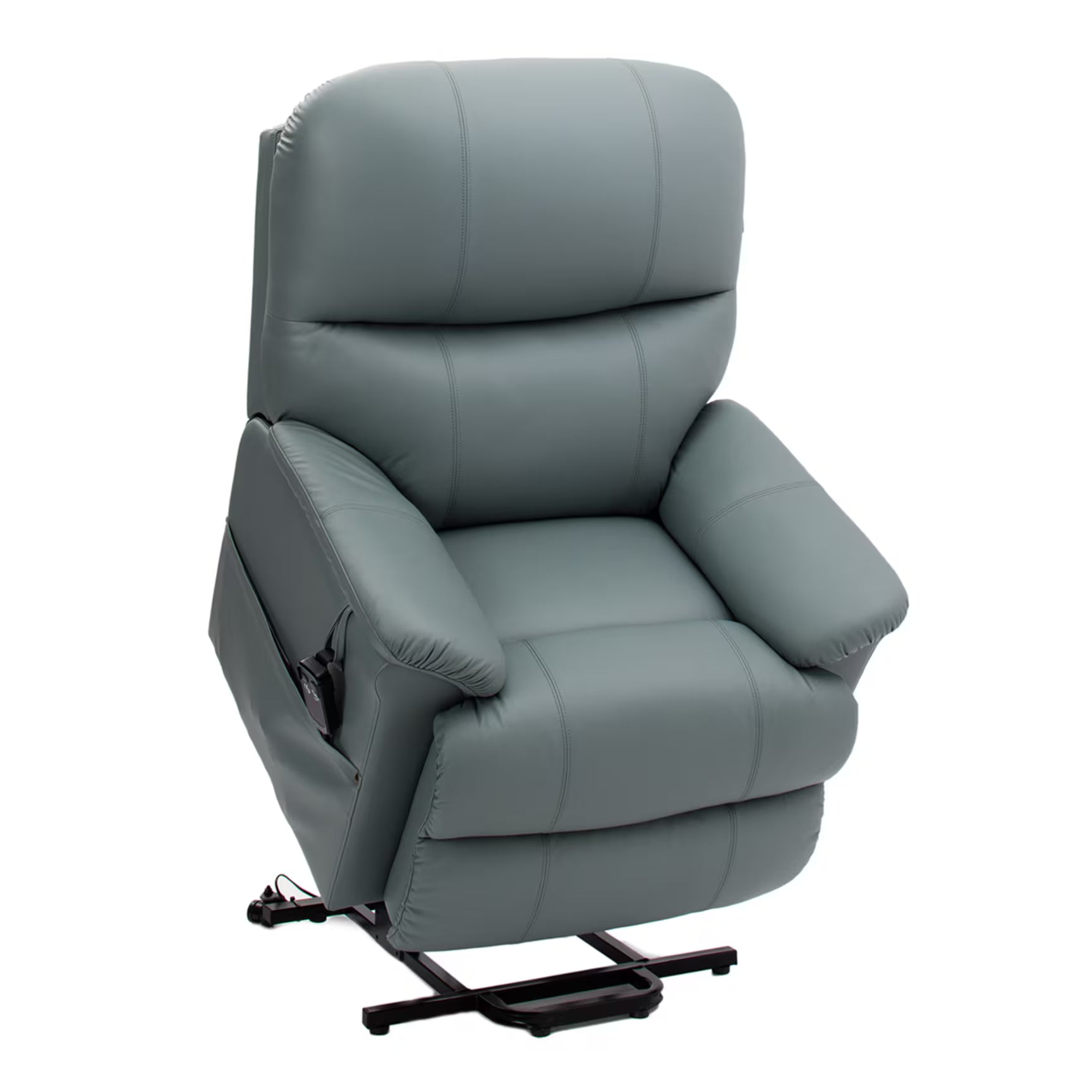 Modern grey leather Lars dual motor rise and recline chair with padded armrests and ergonomic support.