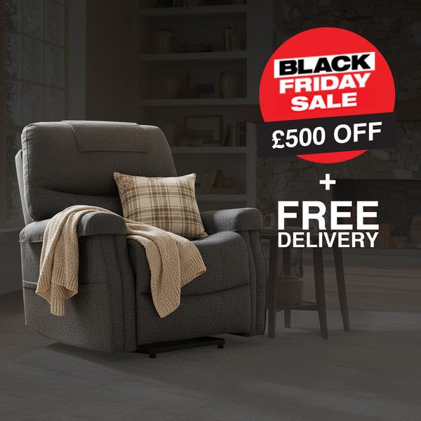 Grey Rise and Recliner chair with Black Friday Sale banner