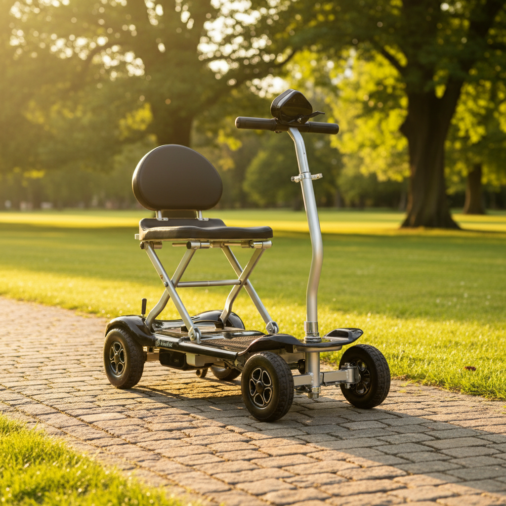 Drive InstaFold automatic folding mobility scooter parked on a sunlit park pathway with green trees in the background