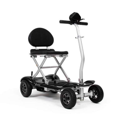 Drive InstaFold automatic folding mobility scooter with black seat and four wheels on white background