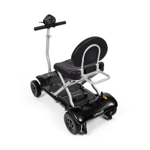 Black Drive InstaFold automatic folding mobility scooter with seat and four wheels on white background