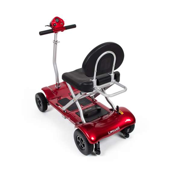 Red Drive InstaFold automatic folding mobility scooter with black seat and silver frame on white background