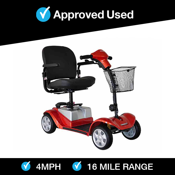Red Kymco Mini Comfort mobility scooter with black seat and front basket, refurbished and approved used model.