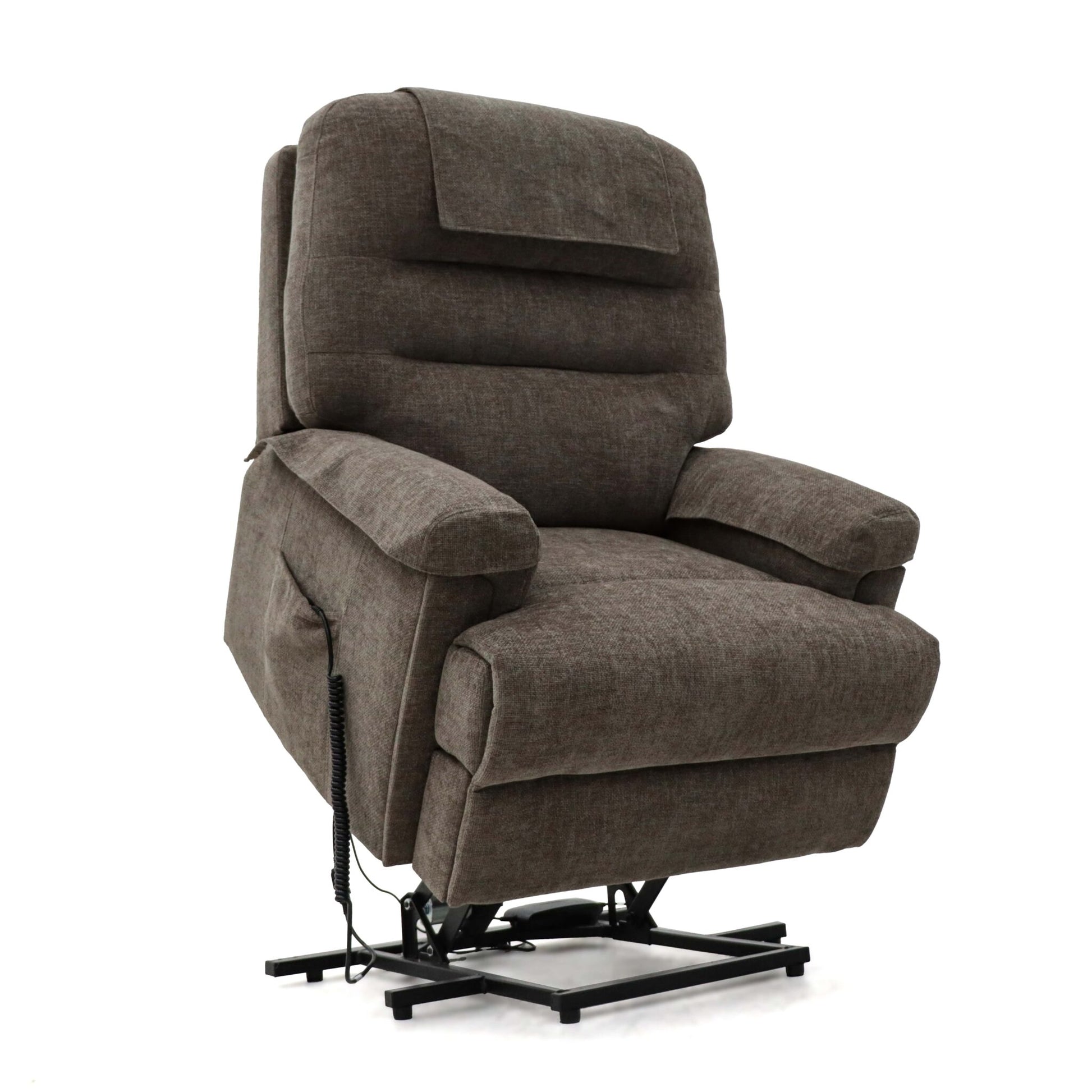 Extra wide Lawson riser recliner chair in dark fabric with padded arms and adjustable backrest for comfort and support