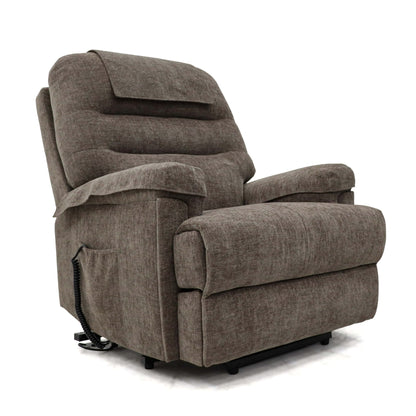 Extra wide brown Lawson Riser Recliner Chair with padded armrests and remote control for heat and massage features