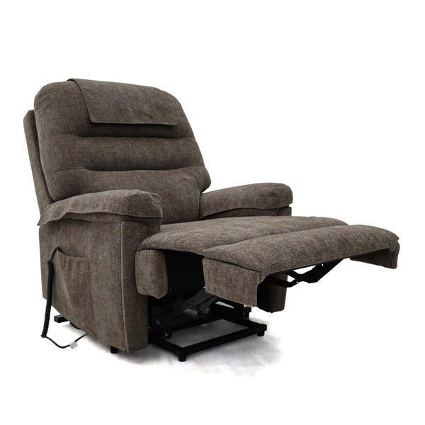 Dark brown Lawson riser recliner chair with extended footrest and padded armrests, designed for extra wide comfort and support.