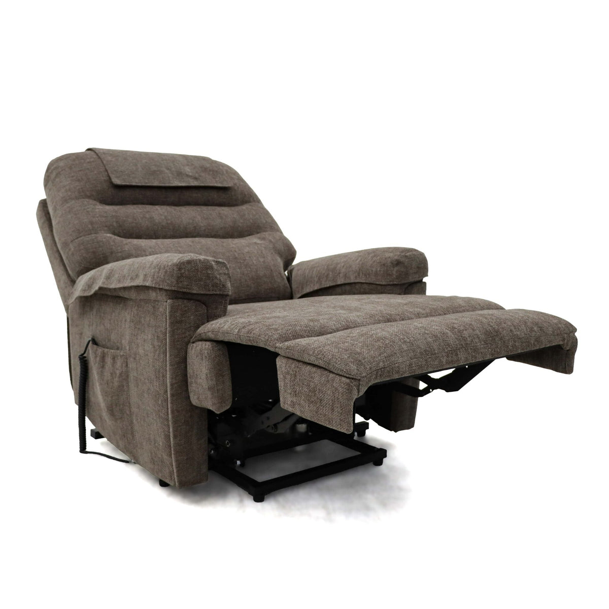 Extra wide Lawson Riser Recliner Chair in grey fabric with extended footrest, designed for comfort and support with heat and massage features.