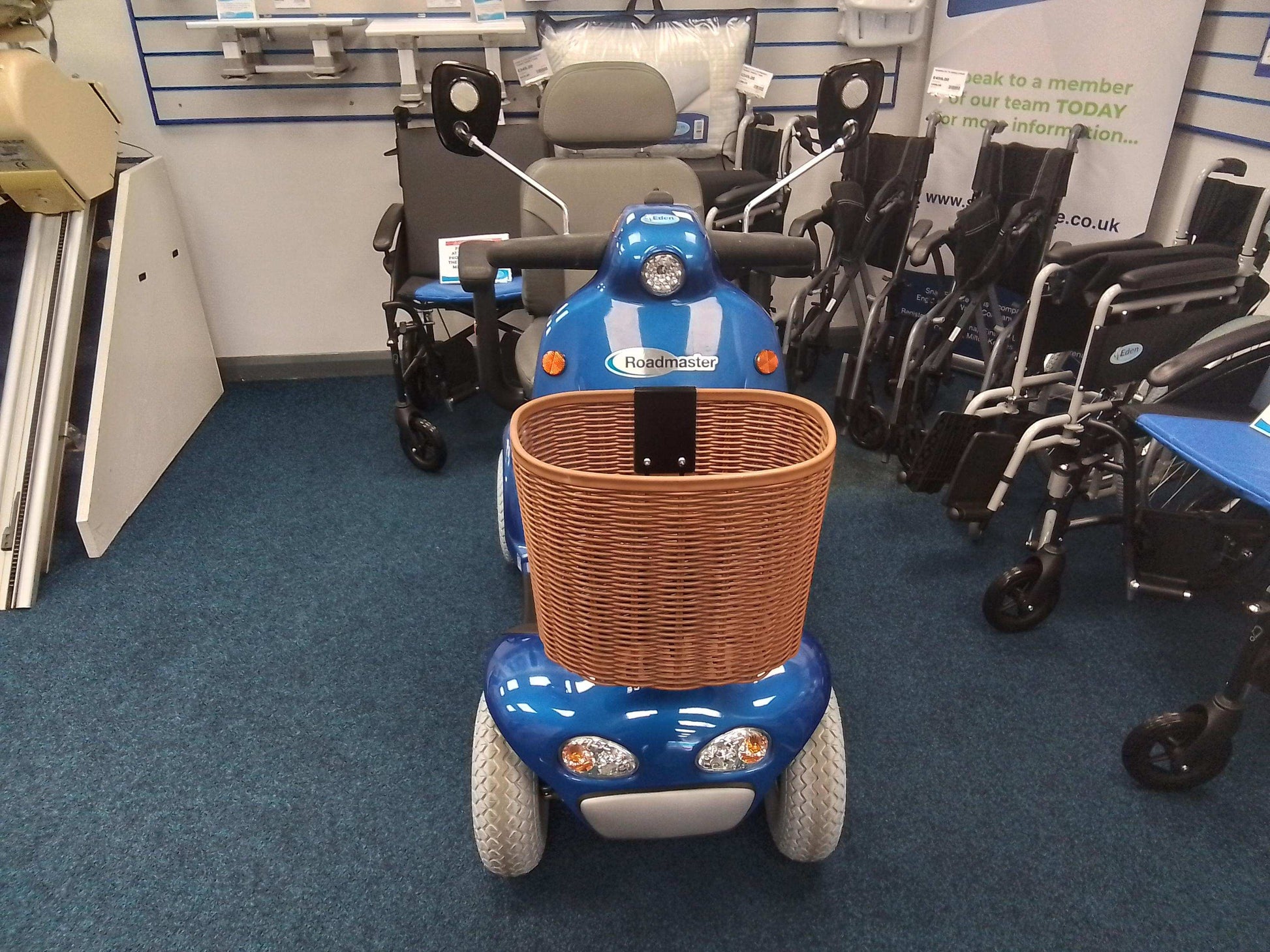 Blue Roma Shoprider Cadiz Mobility Scooter in showroom