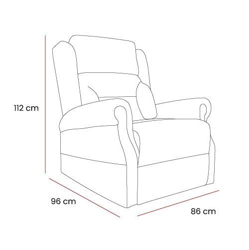Line drawing of Monterey Rise & Recliner chair with dimensions 112 cm height, 96 cm depth, and 86 cm width shown.