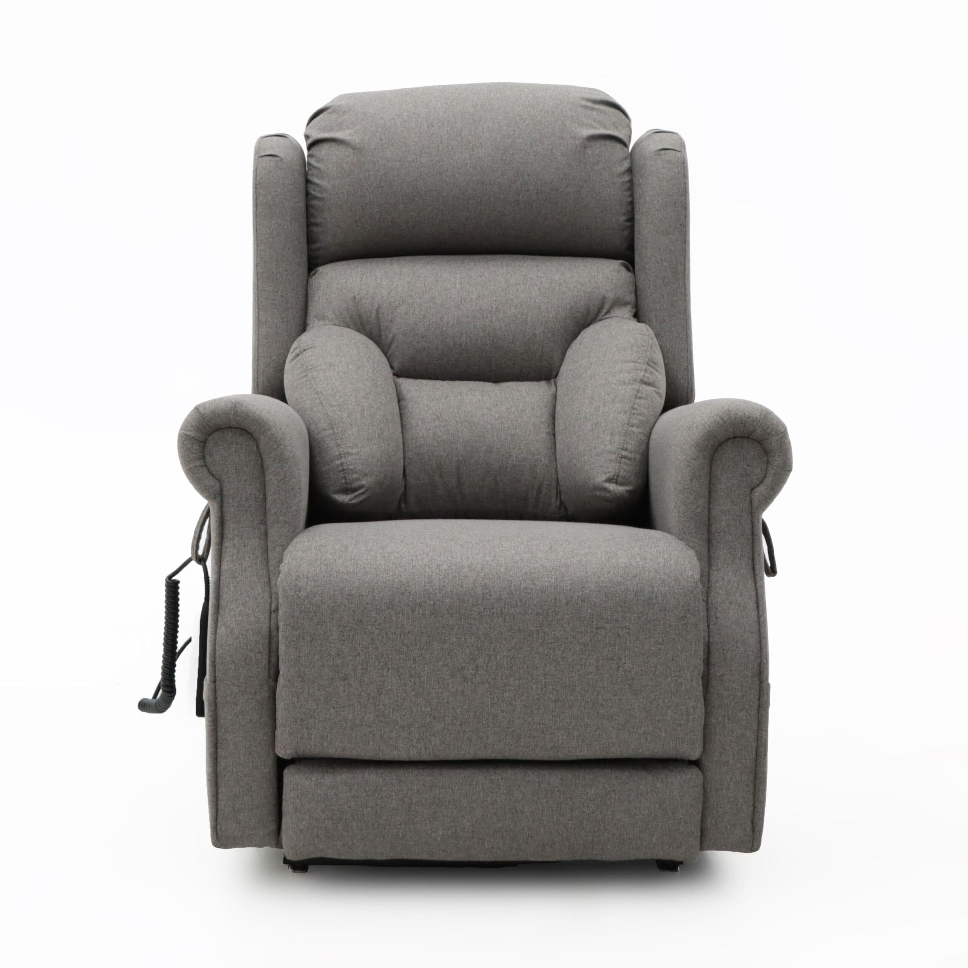 Gray Monterey Rise & Recliner chair with lateral back support and remote control for rise and massage functions.