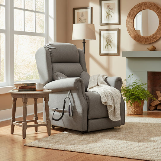Grey Monterey Rise & Recliner with remote control, in a cozy living room setting with side table and decorative accents.