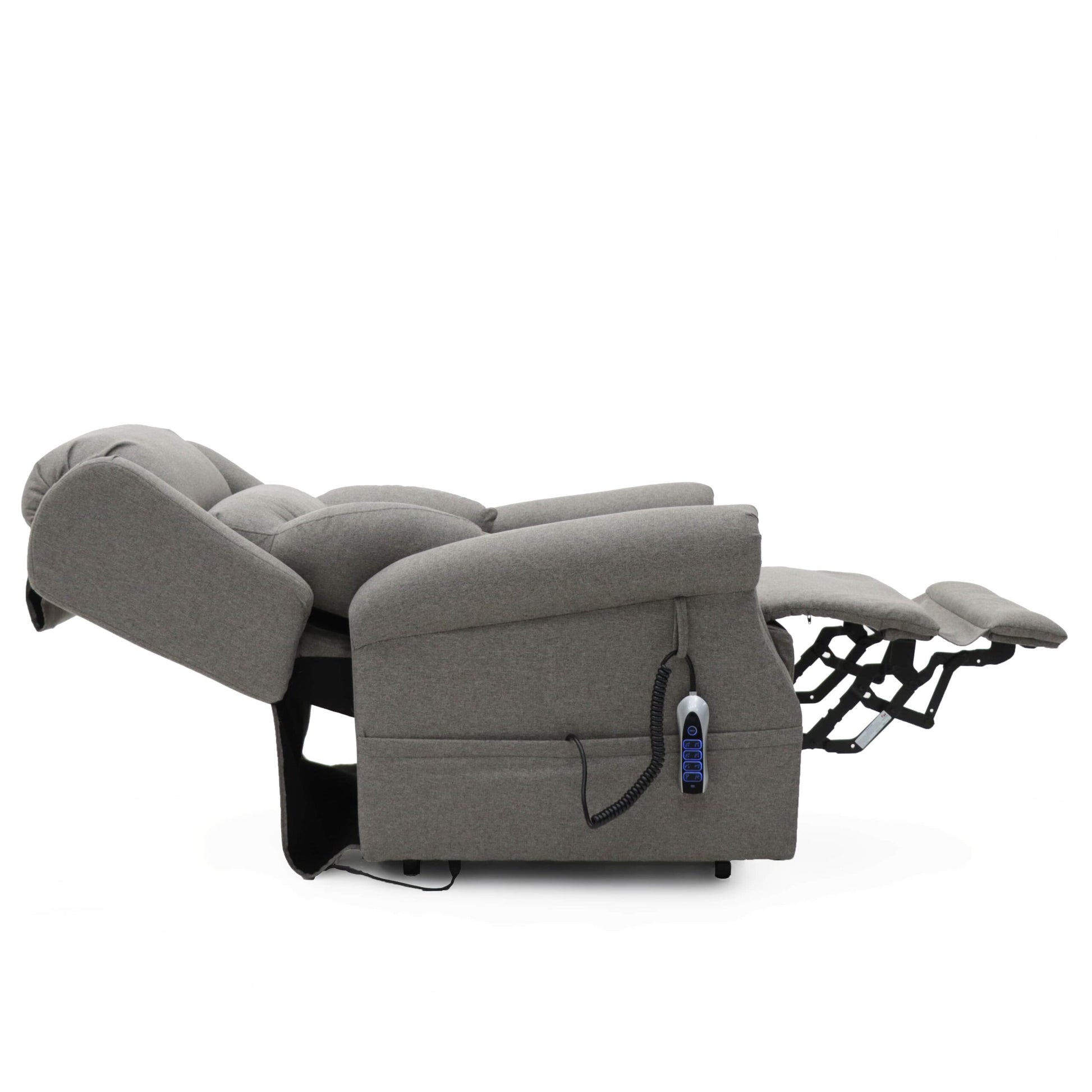 Gray Monterey Rise and Recliner chair fully reclined with footrest and remote control on white background