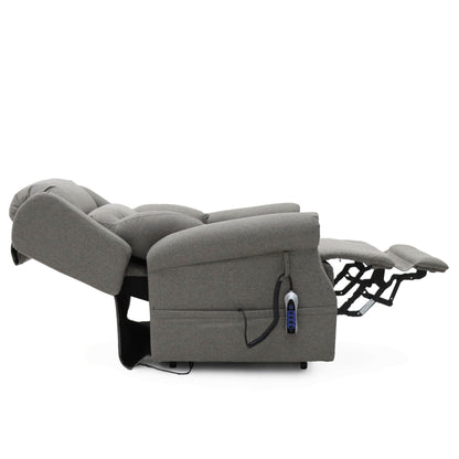 Gray Monterey Rise and Recliner chair fully reclined with footrest and remote control on white background