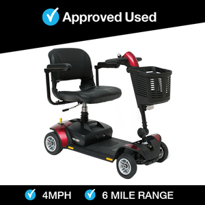 Red Pride Go Go Elite Traveller mobility scooter with black seat and front basket on a white background