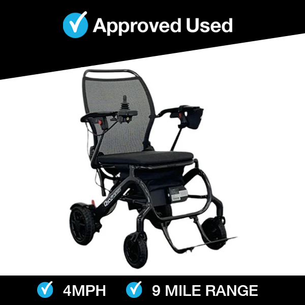 Black Quickie Q50 R Carbon powerchair with mesh back, joystick control, and durable wheels, approved used model with 9-mile range