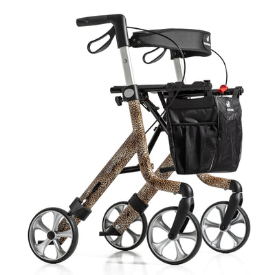 Lightweight Space LX Art Line Rollator with leopard print frame, black seat, and storage bag for indoor and outdoor use