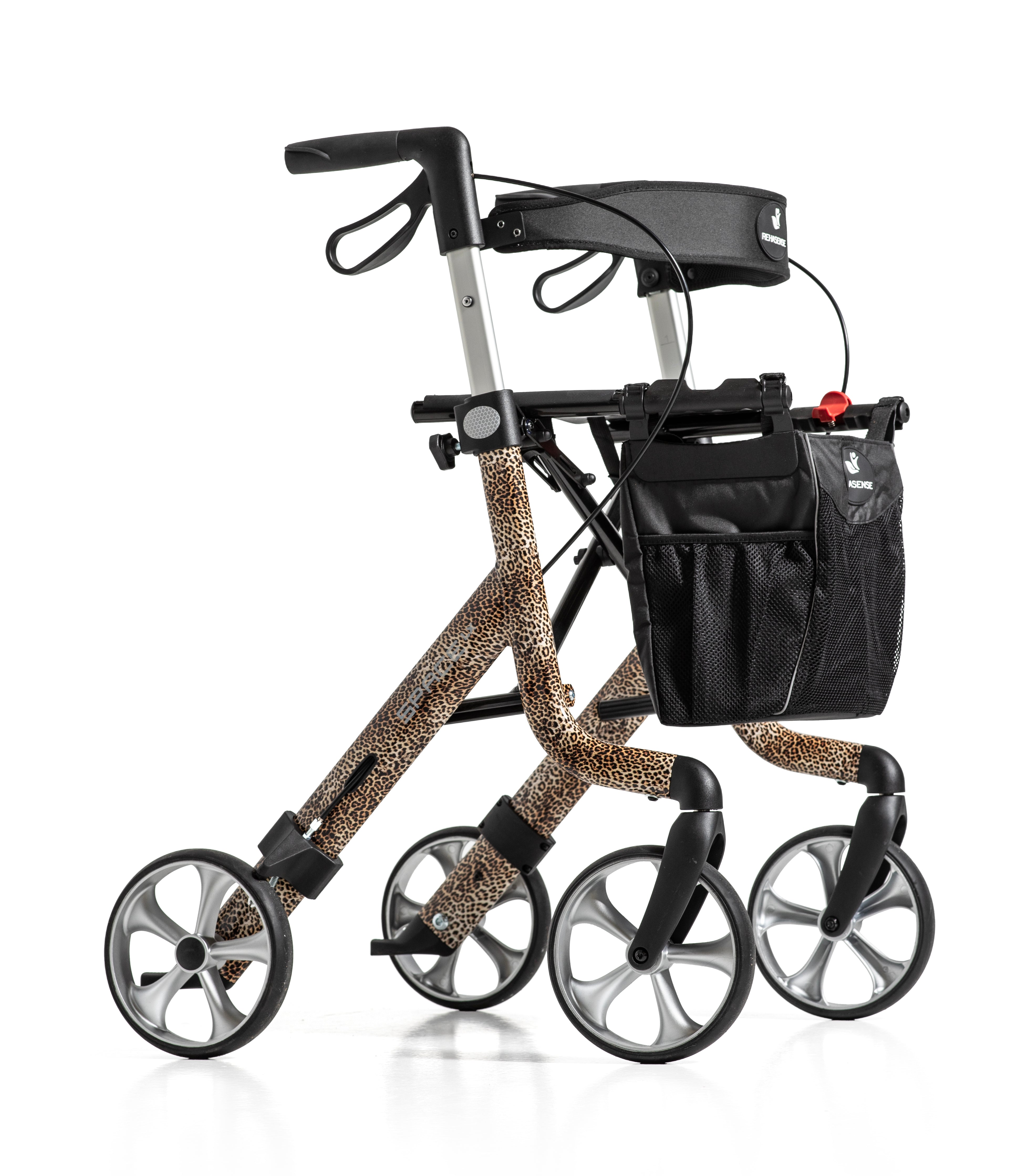 Lightweight Space LX Art Line Rollator with leopard print frame, black seat, and storage bag for indoor and outdoor use