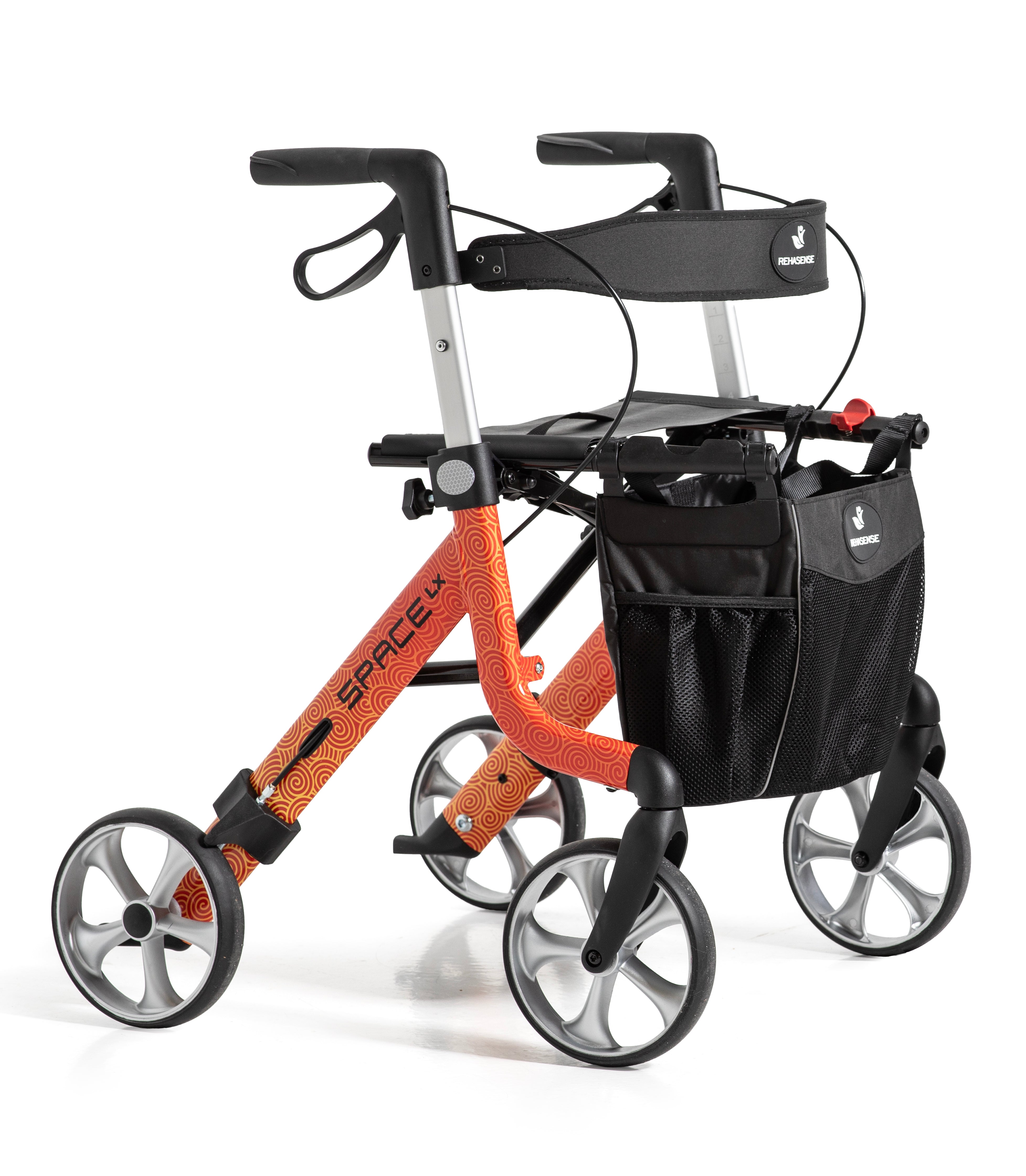 Space LX Art Line Rollator in orange with black seat, carrying bag, ergonomic handles, and four large wheels for stability