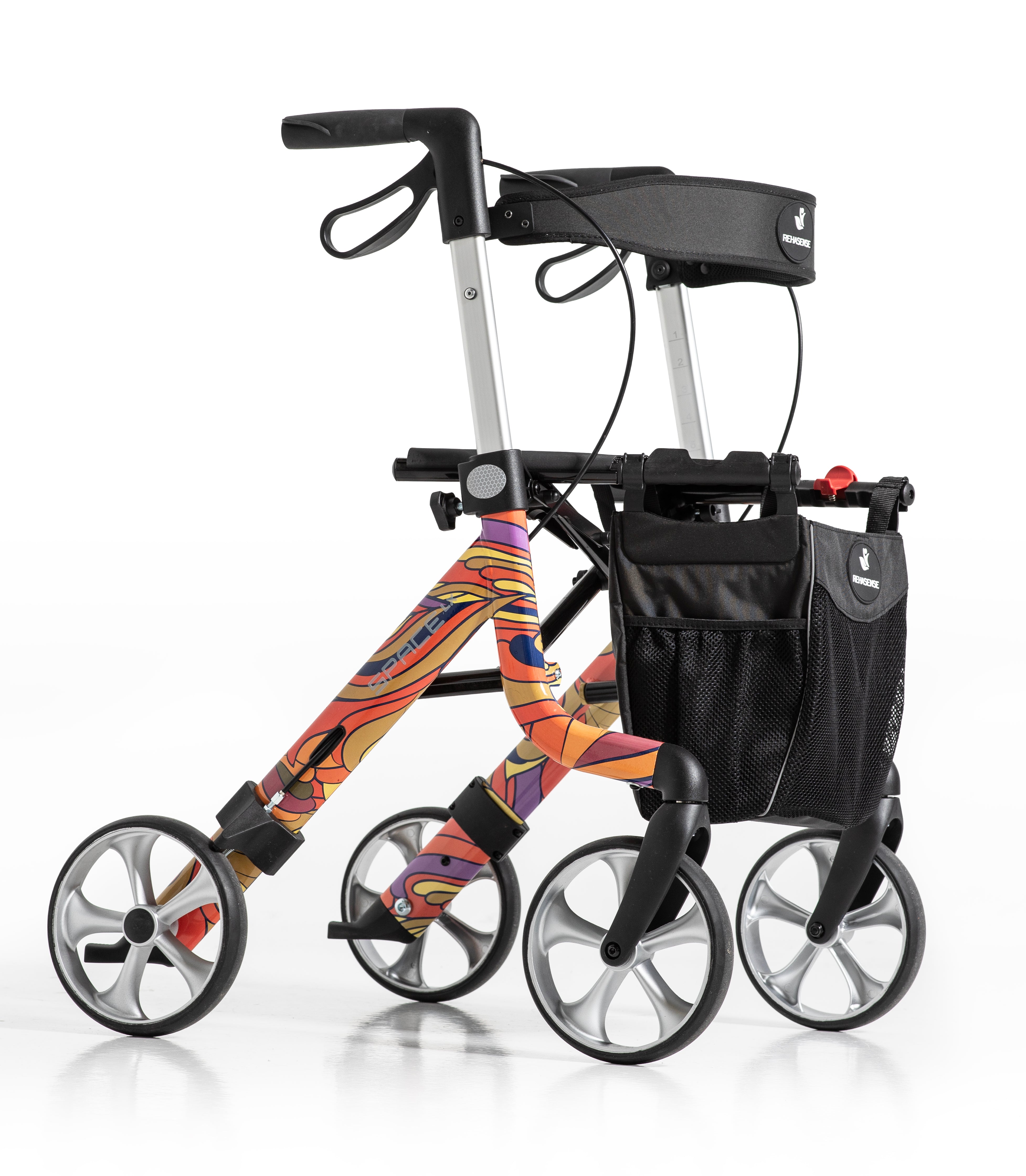 Space LX Art Line Rollator with lightweight frame, colorful artistic design, ergonomic handles, and storage bag for mobility support