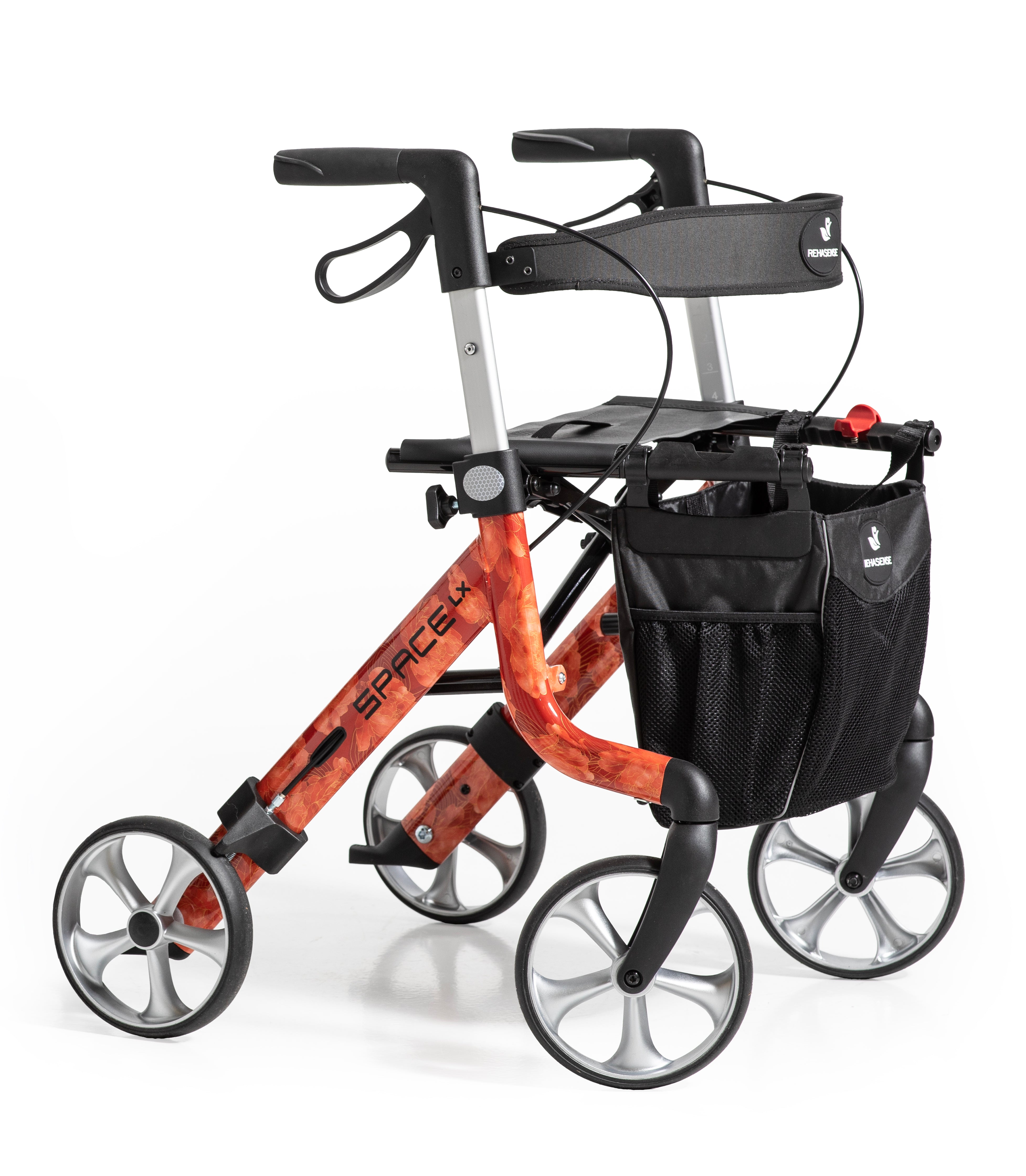 Space LX Art Line Rollator in orange with black storage bag, ergonomic handles, and sturdy wheels for indoor mobility assistance.