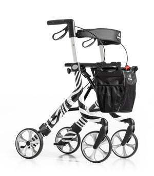 Lightweight Space LX Art Line rollator with zebra pattern frame, four large wheels, ergonomic handles, and front storage bag