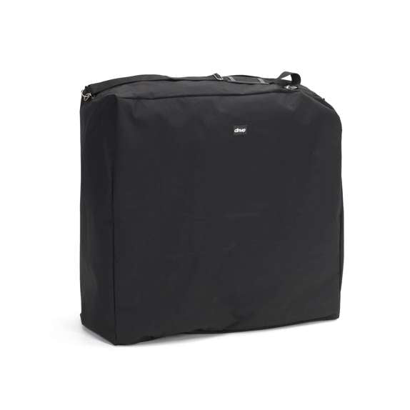 Black bag with a wheelchair inside on a white background. Wheelchair storage bag.