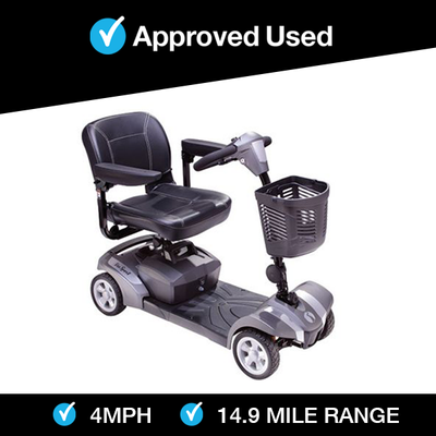 Refurbished Rascal Veo Sport grey mobility scooter with comfortable seat and front basket, 4MPH speed and 14.9 mile range.