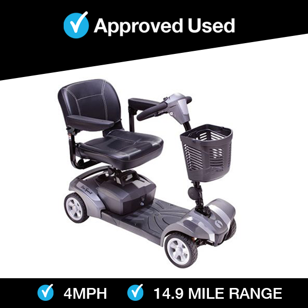 Refurbished Rascal Veo Sport grey mobility scooter with comfortable seat and front basket, 4MPH speed and 14.9 mile range.