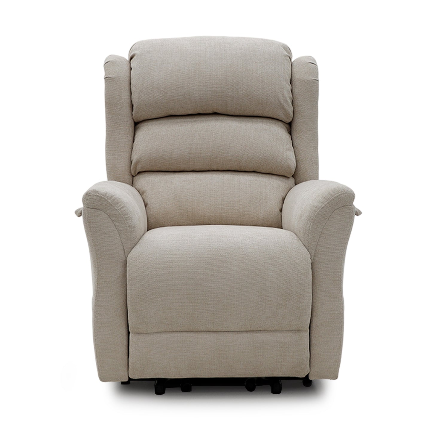 Cream Sanford Rise and Recliner with dual motor, padded cushions, and soft fabric upholstery for comfort and support