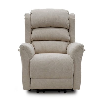 Cream Sanford Rise and Recliner with dual motor, padded cushions, and soft fabric upholstery for comfort and support