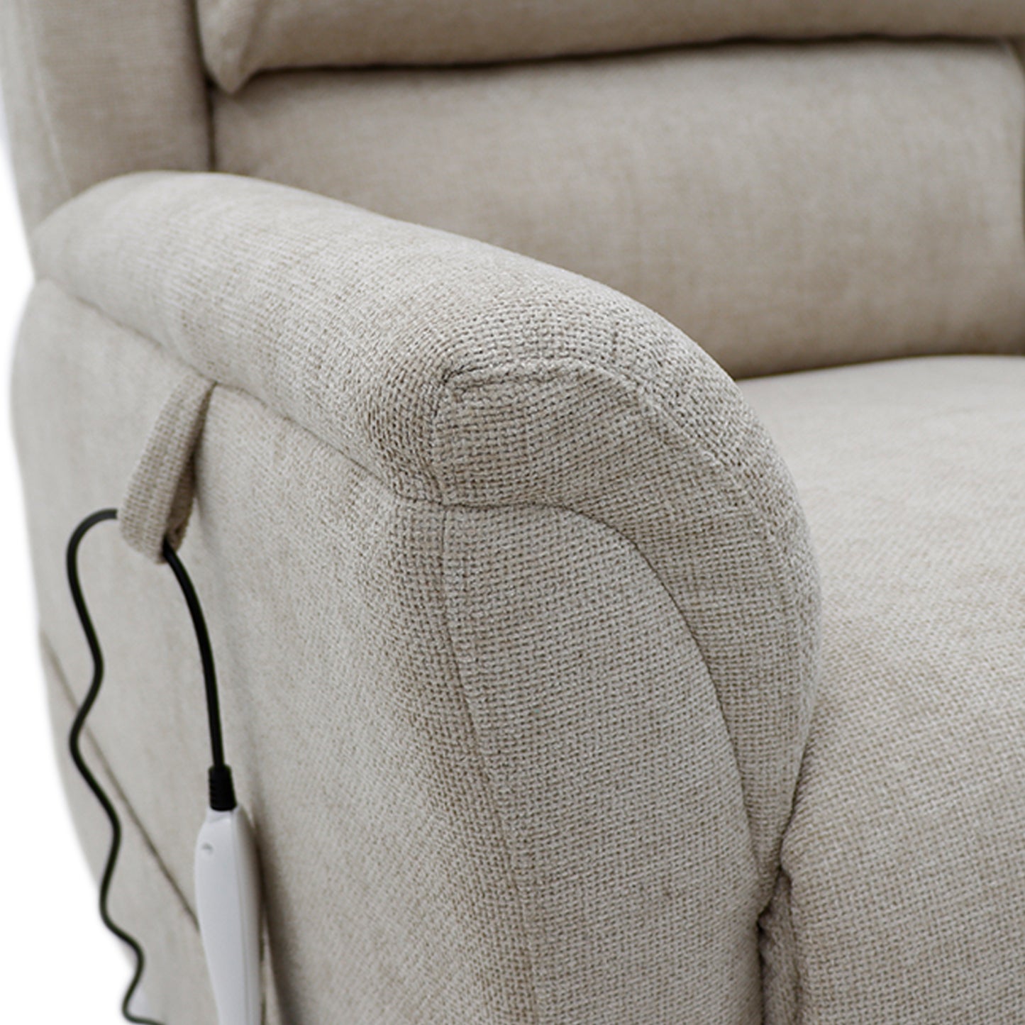 Close-up of cream fabric armrest on Sanford Rise and Recliner showing dual motor control remote attached to side