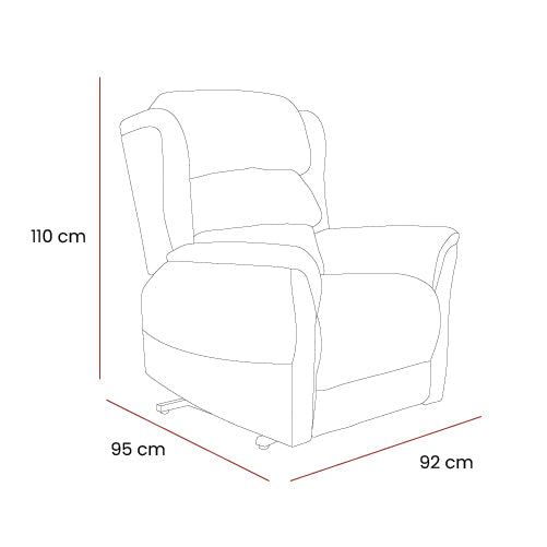 Line drawing of Sanford Rise and Recliner chair with dimensions 110 cm height, 95 cm depth, and 92 cm width in cream color