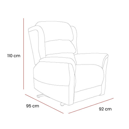 Line drawing of Sanford Rise and Recliner chair with dimensions 110 cm height, 95 cm depth, and 92 cm width in cream color