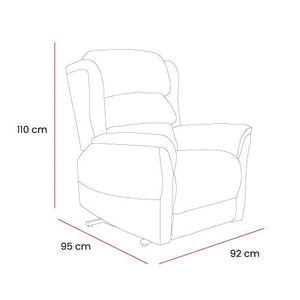 Line drawing of Sanford Rise and Recliner chair with dimensions 110 cm height, 95 cm depth, and 92 cm width in cream color