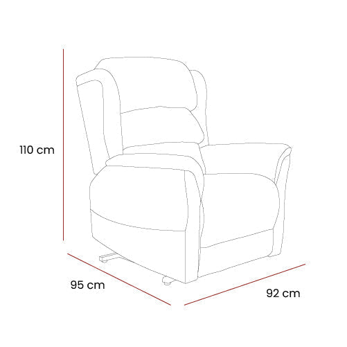 Line drawing of Sanford Rise and Recliner chair with dimensions 110 cm height, 95 cm depth, and 92 cm width in cream color