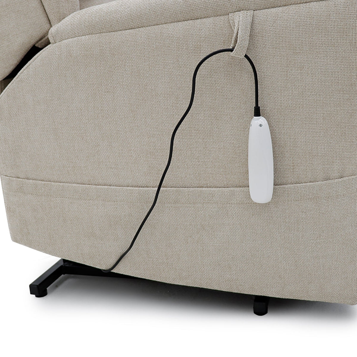 Close-up of cream Sanford Rise and Recliner fabric and dual motor remote control for reclining functions