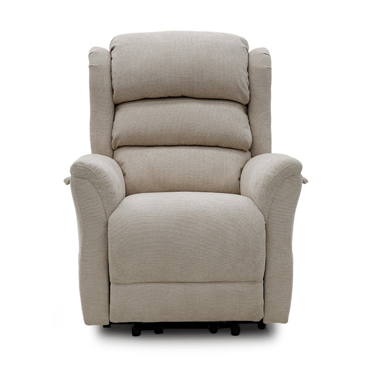 Cream Sanford Rise and Recliner with dual motor, padded cushions, and soft fabric upholstery for comfort and support