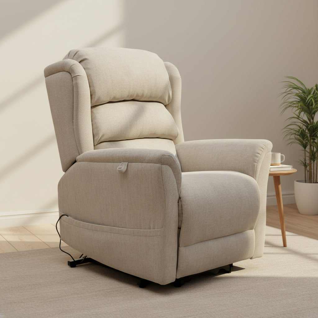 Cream Sanford Rise and Recliner chair with dual motor, plush cushioning, and modern design in a bright room setting