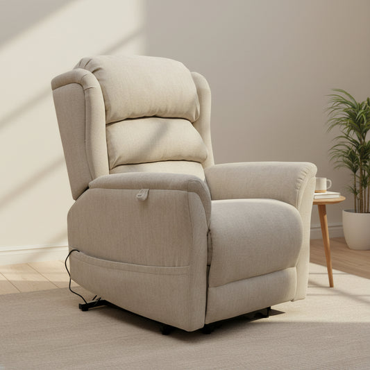Cream Sanford Rise and Recliner chair with dual motor, plush cushioning, and modern design in a bright room setting
