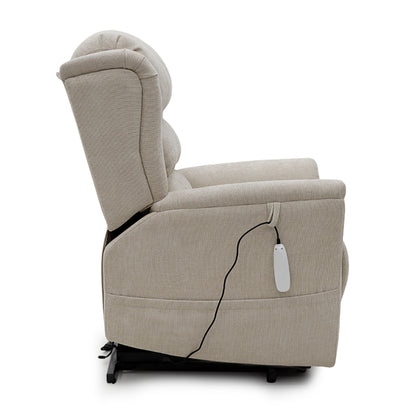 Cream Sanford Rise and Recliner chair with dual motor, remote control, heat and massage features, shown in reclined position