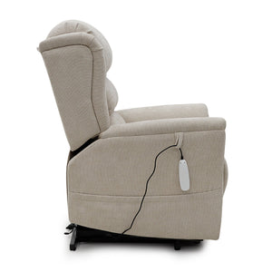 Cream Sanford Rise and Recliner chair with dual motor, remote control, heat and massage features, shown in reclined position