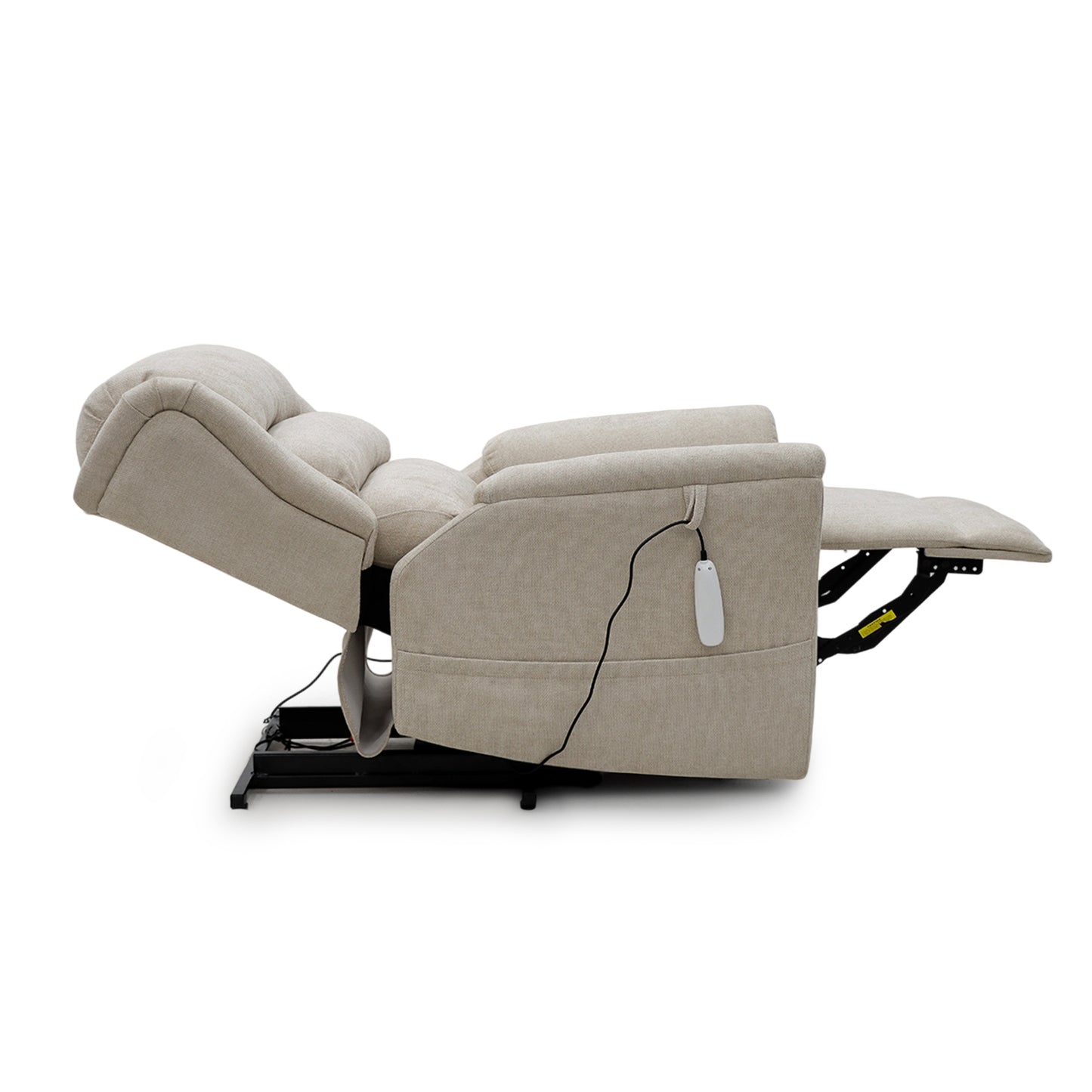 Cream Sanford Rise and Recliner chair with dual motor, heat, and massage features shown fully reclined position