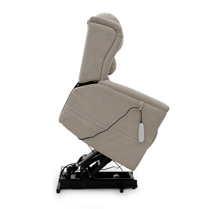 Cream Sanford Rise and Recliner with dual motor lift mechanism and attached remote control on white background