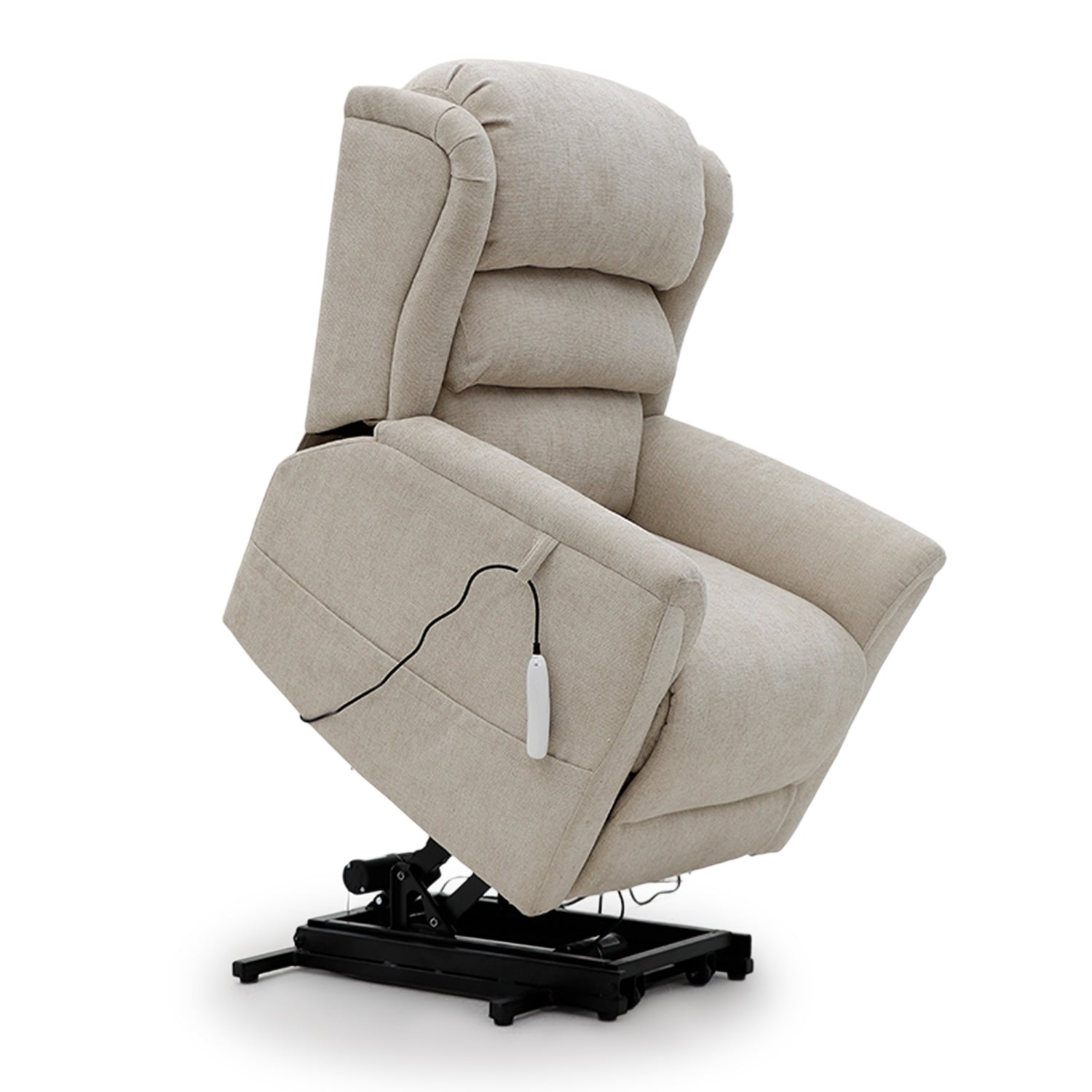 Cream Sanford Rise and Recliner chair with dual motor, heat and massage features, shown partially reclined on white background