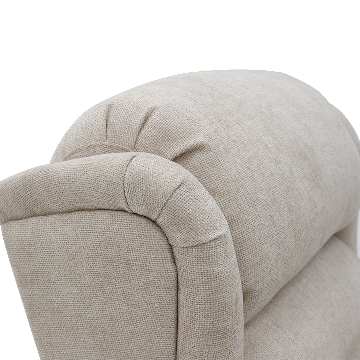 Close-up of the cream fabric headrest on the Sanford Rise and Recliner dual motor chair