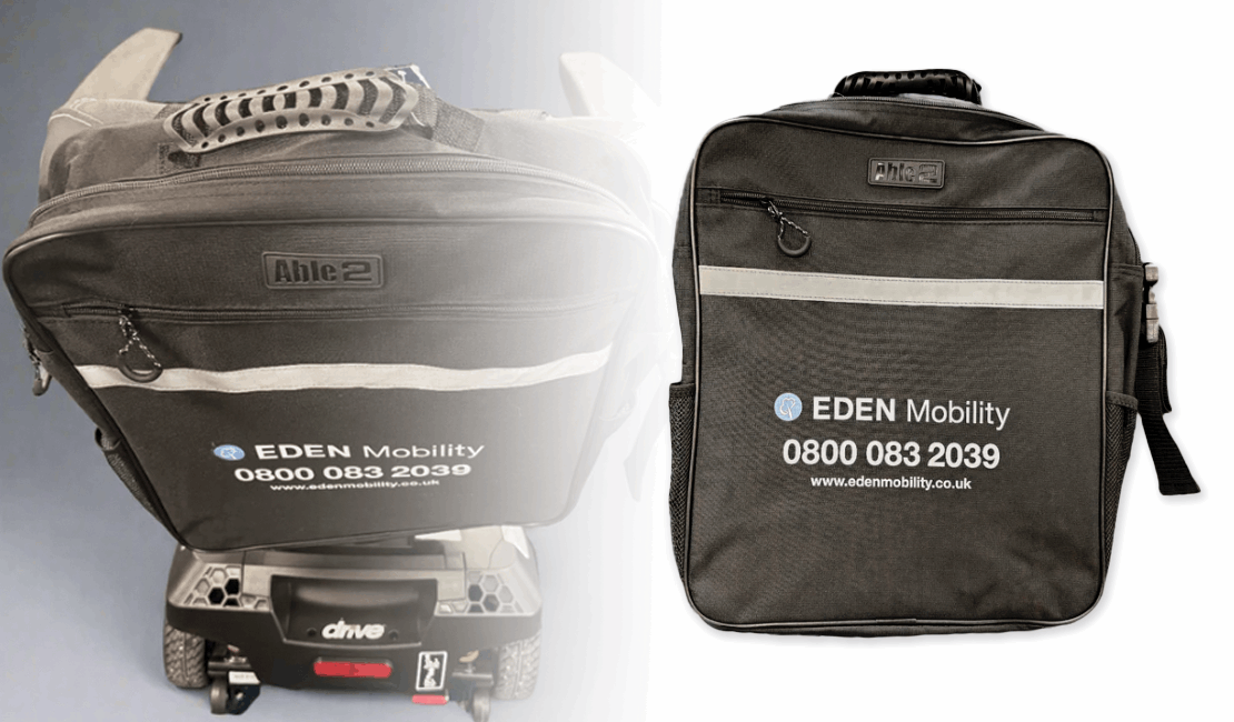 Two black scooter bags with Eden Mobility branding on a white background