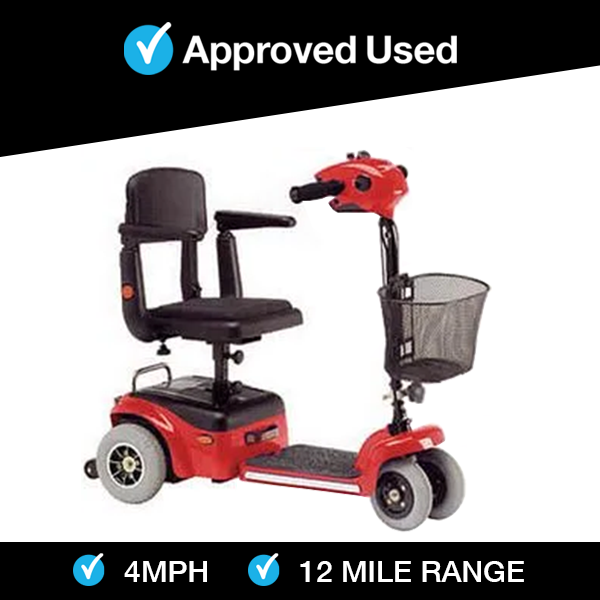 Red Shoprider Whisper mobility scooter with black seat, armrests, front basket, and three wheels on white background.