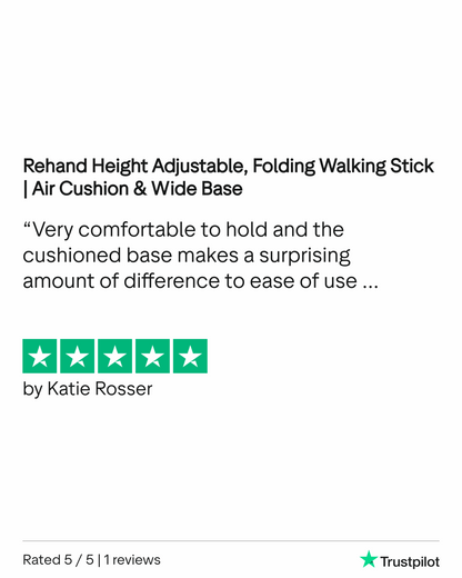 Product review for a walking stick with five-star rating and positive comments.